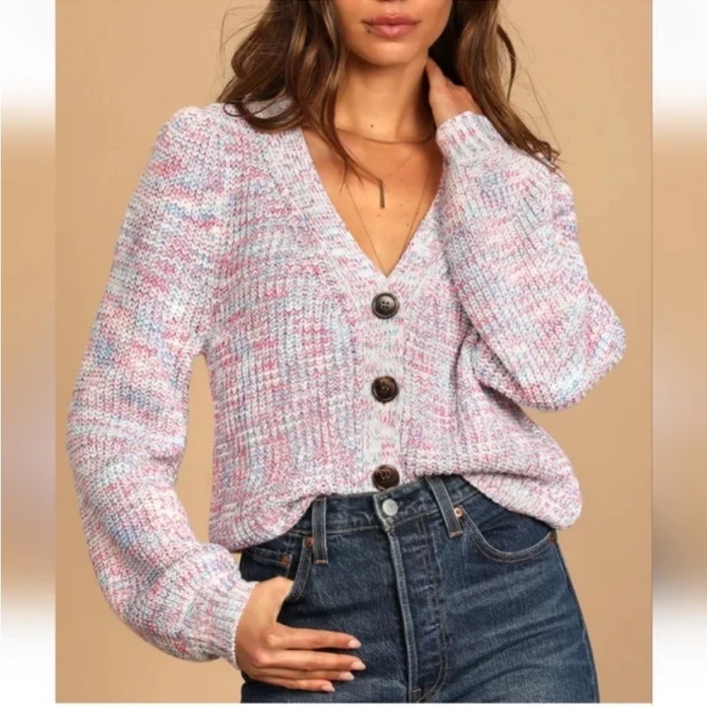 LULU’S White Multi Bright & Cozy Chunky Knit Button Up Cardigan Sweater Size M